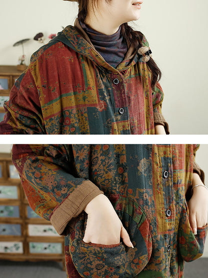 Women Autumn Vintage Flower Patchwork Cotton Hooded Coat AX1025