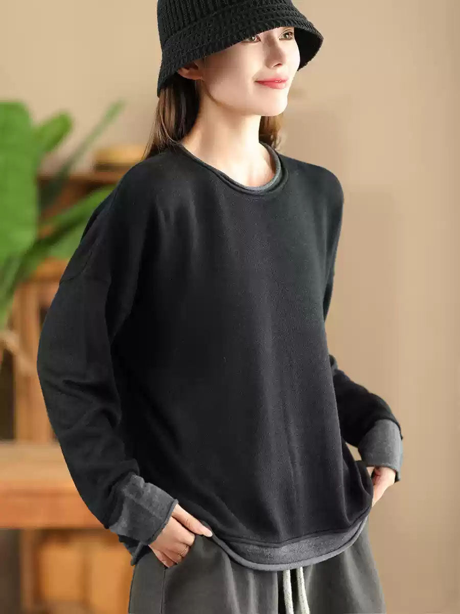 Women Casual Autumn Colorblock O-Neck Blouse AX1034