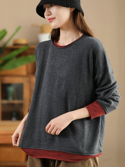 Women Casual Autumn Colorblock O-Neck Blouse AX1034