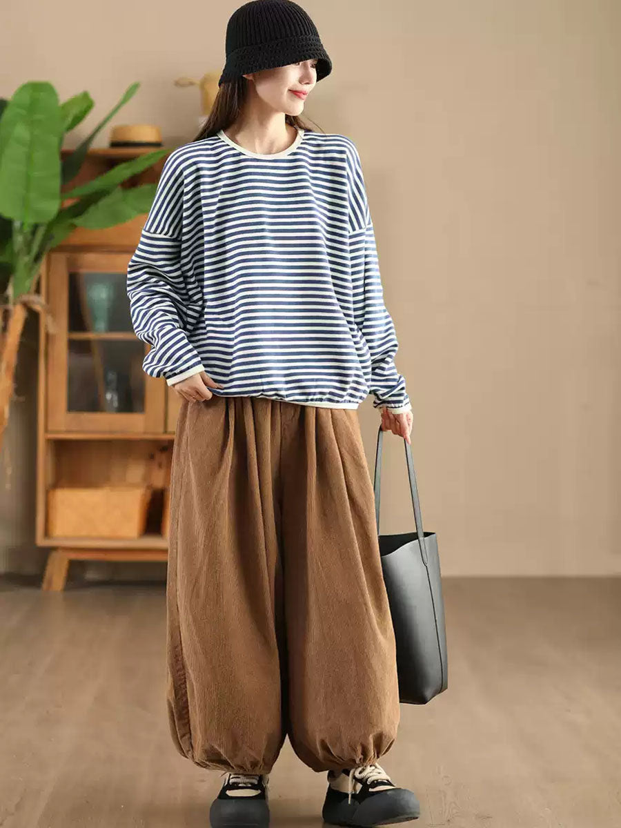 Women Casual Autumn Stripe O-Neck Cotton Blouse AX1035