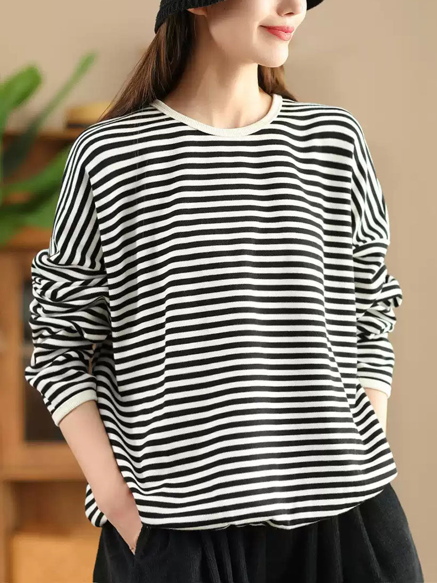 Women Casual Autumn Stripe O-Neck Cotton Blouse AX1035