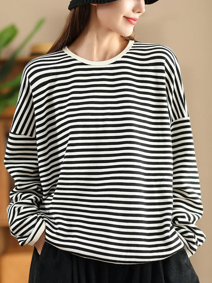 Women Casual Autumn Stripe O-Neck Cotton Blouse AX1035