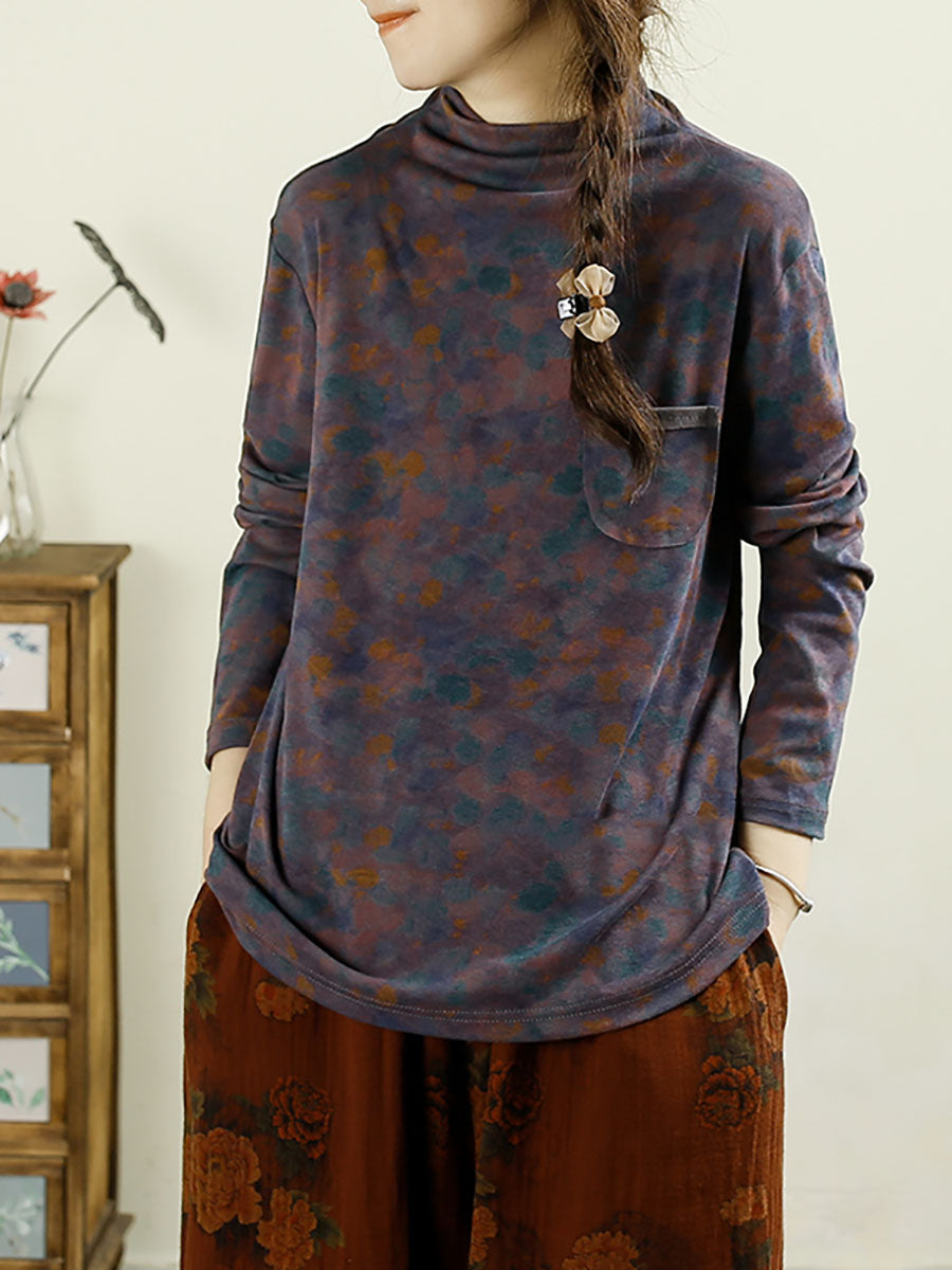 Women Autumn Artsy Floral Turtleneck Pocket Cotton Blouse AX1043