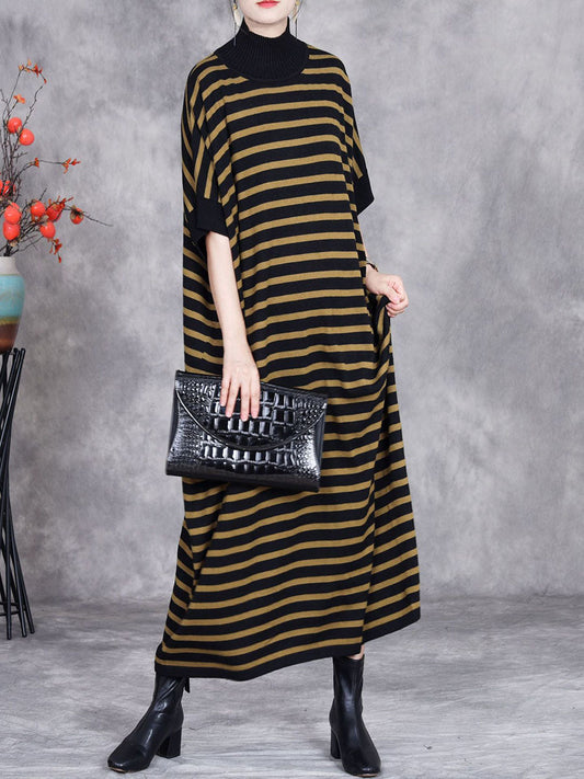 Women Autumn Stripe Short Sleeve Half Turtleneck Knit Dress AV1012