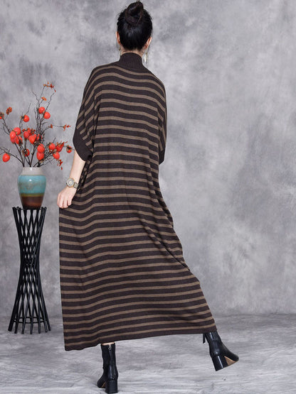 Women Autumn Stripe Short Sleeve Half Turtleneck Knit Dress AV1012