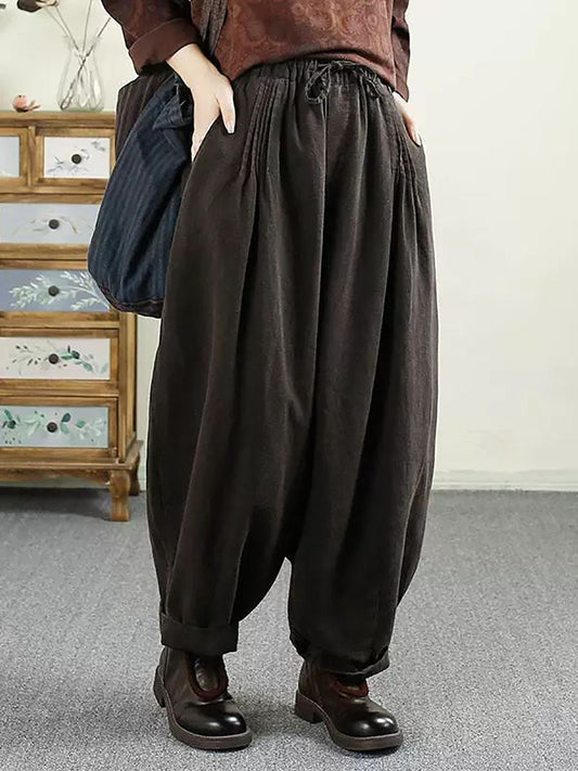 Women Autumn Vintage Solid Shirred Linen Harem Pants AV1014