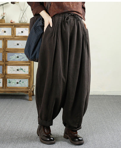 Women Autumn Vintage Solid Shirred Linen Harem Pants AV1014