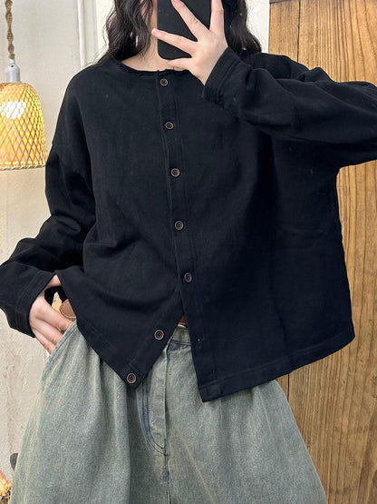 Women Casual Autumn Solid O-Neck Button Cotton Blouse AV1015