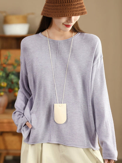 Women Solid Casual O-Neck Knit Loose Silk Blouse WG033