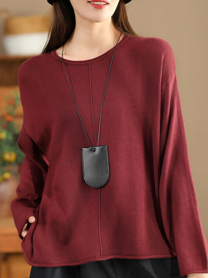 Women Solid Casual O-Neck Knit Loose Silk Blouse WG033