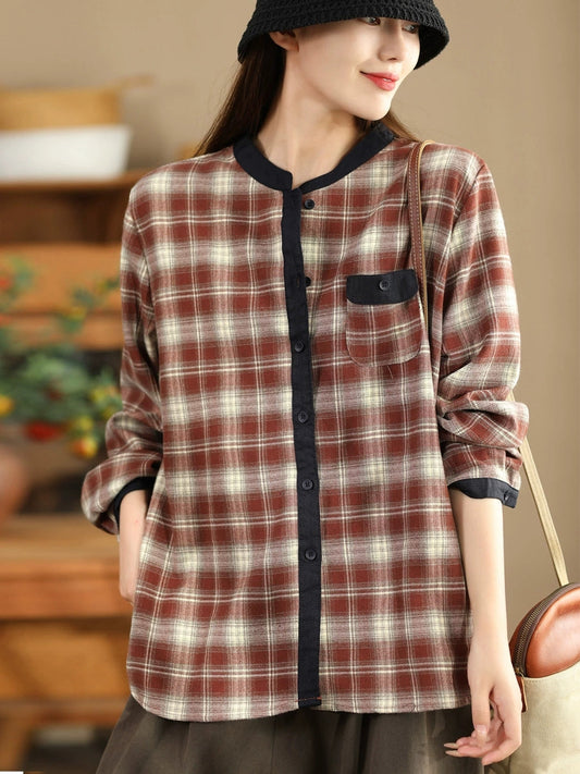 Women Ethnic Autumn Plaid Cotton Colorblock Shirt Coat AV1034