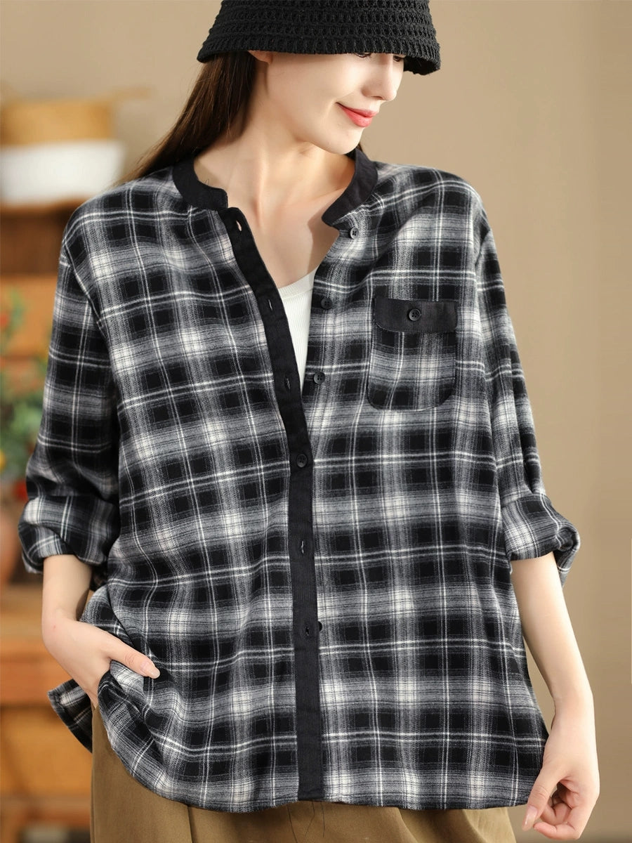 Women Ethnic Autumn Plaid Cotton Colorblock Shirt Coat AV1034