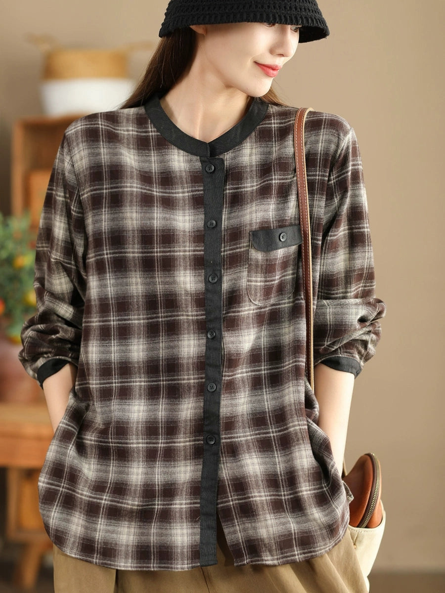 Women Ethnic Autumn Plaid Cotton Colorblock Shirt Coat AV1034