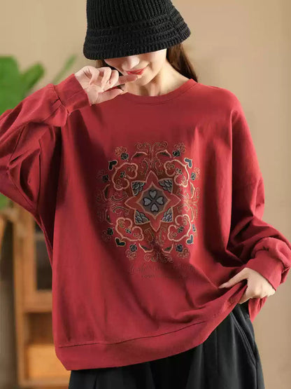 Women Autumn Flower Embroidery O-Neck Cotton Sweatshirt WG034