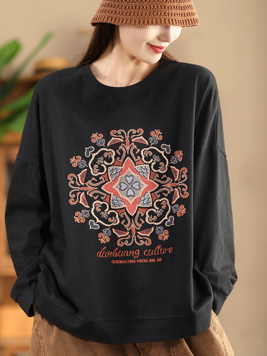 Women Autumn Flower Embroidery O-Neck Cotton Sweatshirt WG034