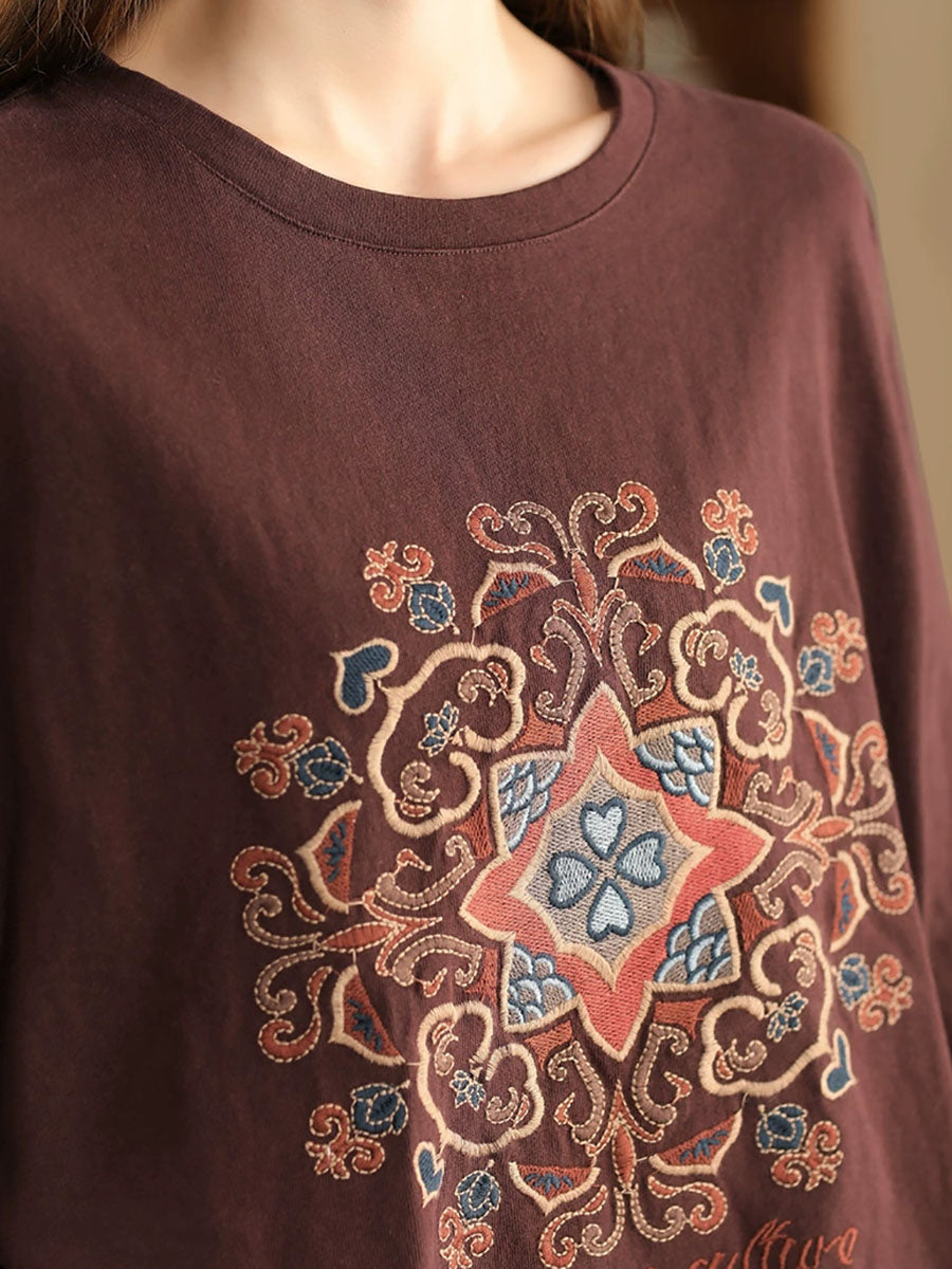 Women Autumn Flower Embroidery O-Neck Cotton Sweatshirt WG034