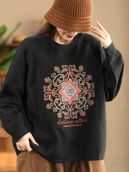 Women Autumn Flower Embroidery O-Neck Cotton Sweatshirt WG034