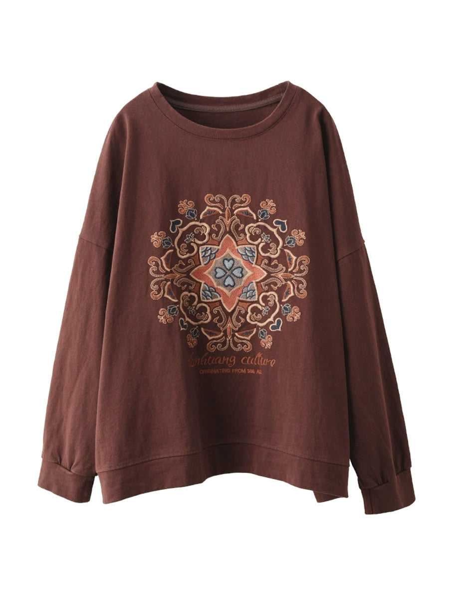 Women Autumn Flower Embroidery O-Neck Cotton Sweatshirt WG034