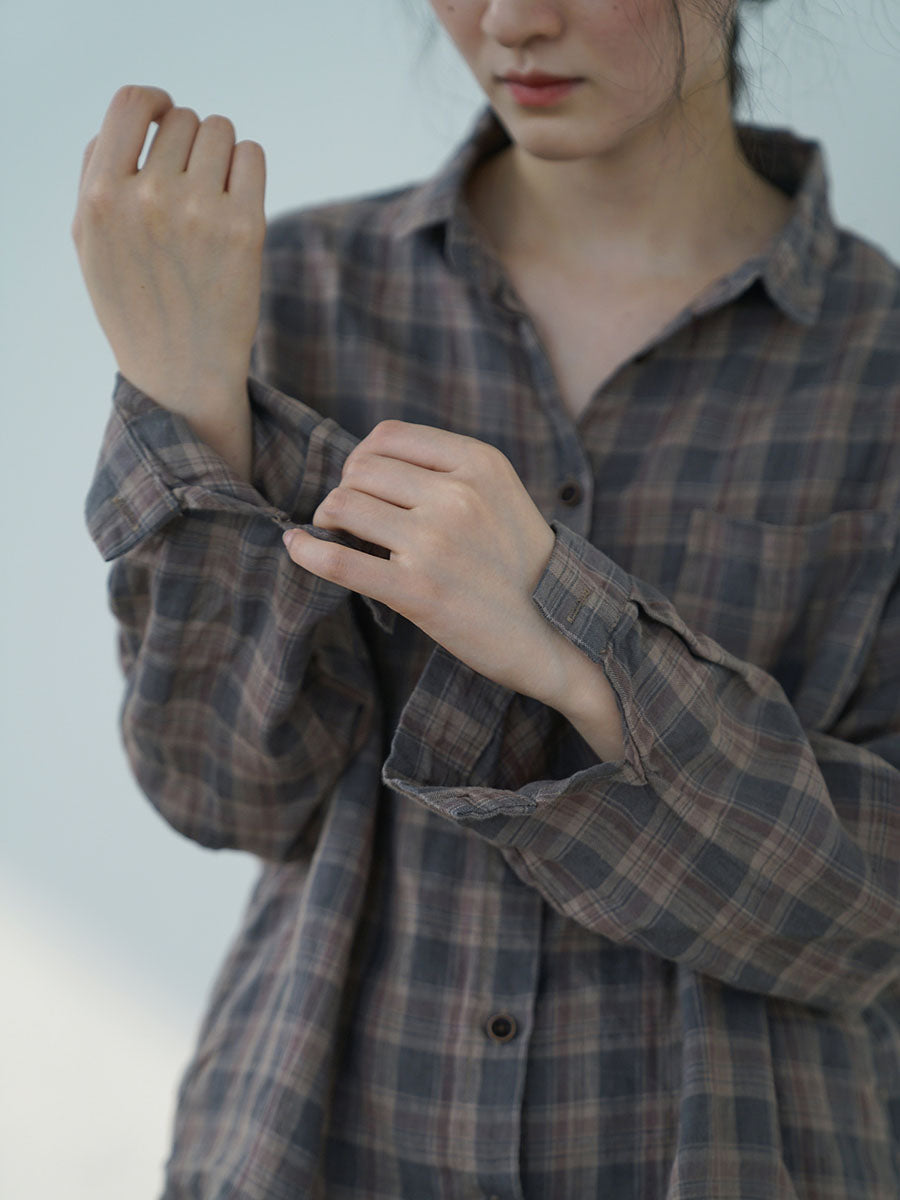 Chemise ethnique en lin à carreaux pour femme AV1061 