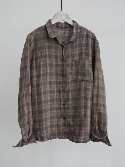 Women Ethnic Autumn Plaid Linen Shirt AV1061