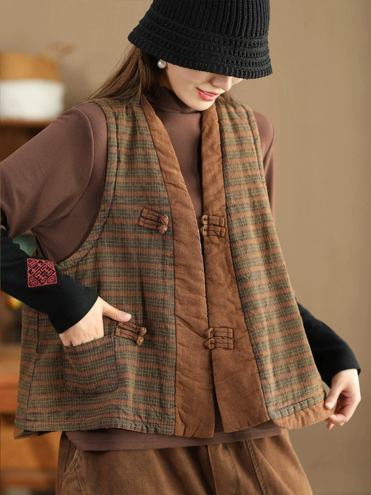 Women Ethnic Plaid Colorblock V-Neck Cotton Vest Coat AV1063