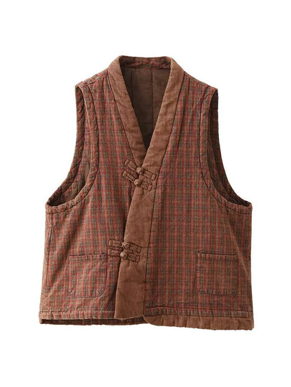 Gilet en coton à carreaux ethniques et col en V pour femme AV1063 