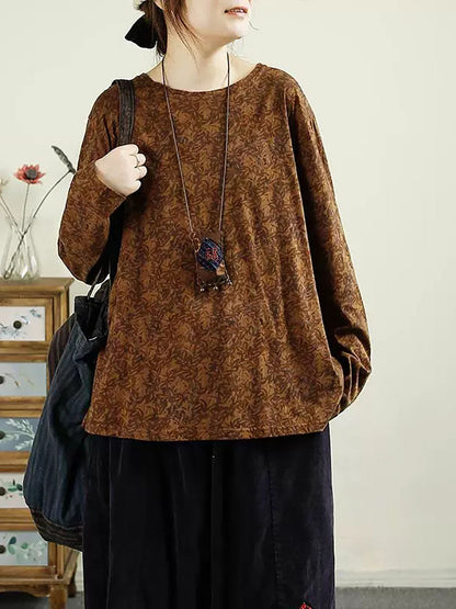 Women Autumn Flower O-Neck Cotton Blouse AV1051