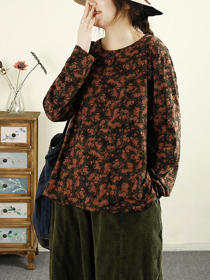 Women Autumn Flower O-Neck Cotton Blouse AV1051