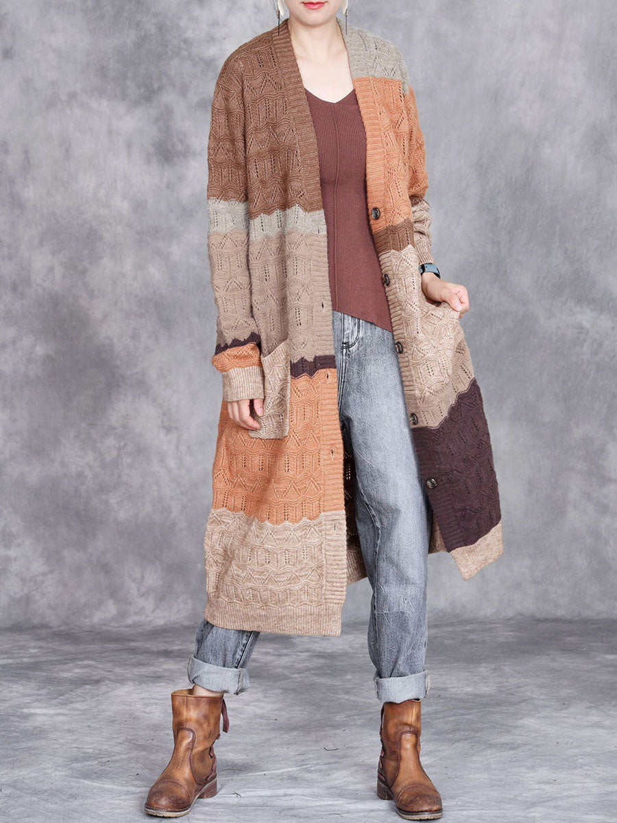 Women Autumn Artsy Colorblock Knitted V-Neck Cardigan Coat WG030