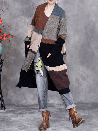 Women Autumn Artsy Colorblock Knitted V-Neck Cardigan Coat WG030