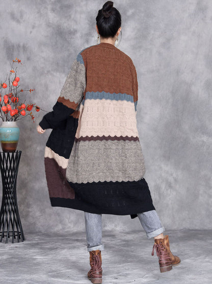 Women Autumn Artsy Colorblock Knitted V-Neck Cardigan Coat WG030