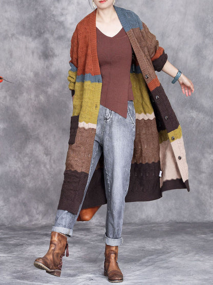 Women Autumn Artsy Colorblock Knitted V-Neck Cardigan Coat WG030