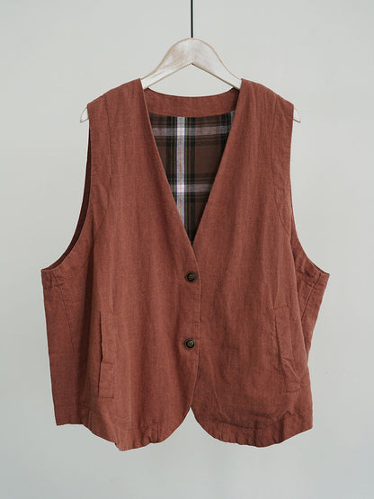 Women Ethnic Cotton Linen Solid V-Neck Vest BA1018