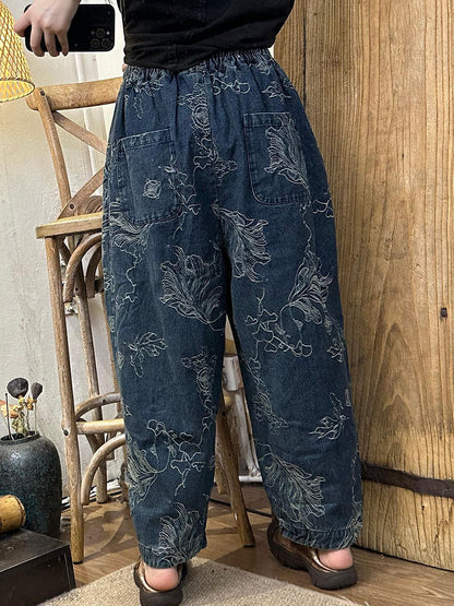 Women Autumn Retro Flower Cotton Straight Pants BA1006