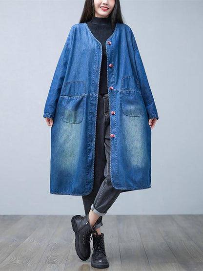 Damen Lässiger, gewaschener Denim-Langmantel mit V-Ausschnitt für den Herbst BA1015