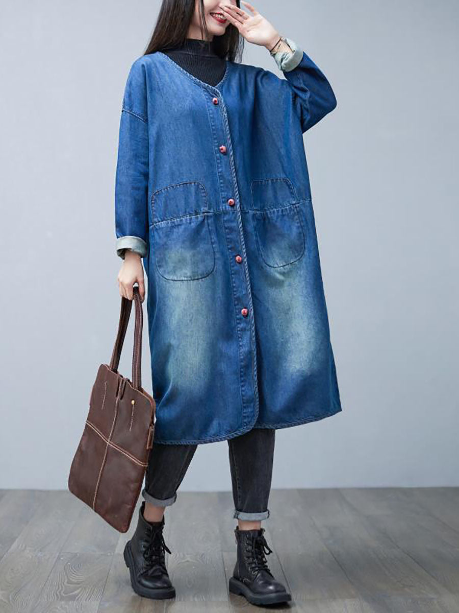 Women Casual Autumn Washed V-Neck Denim Long Coat BA1015