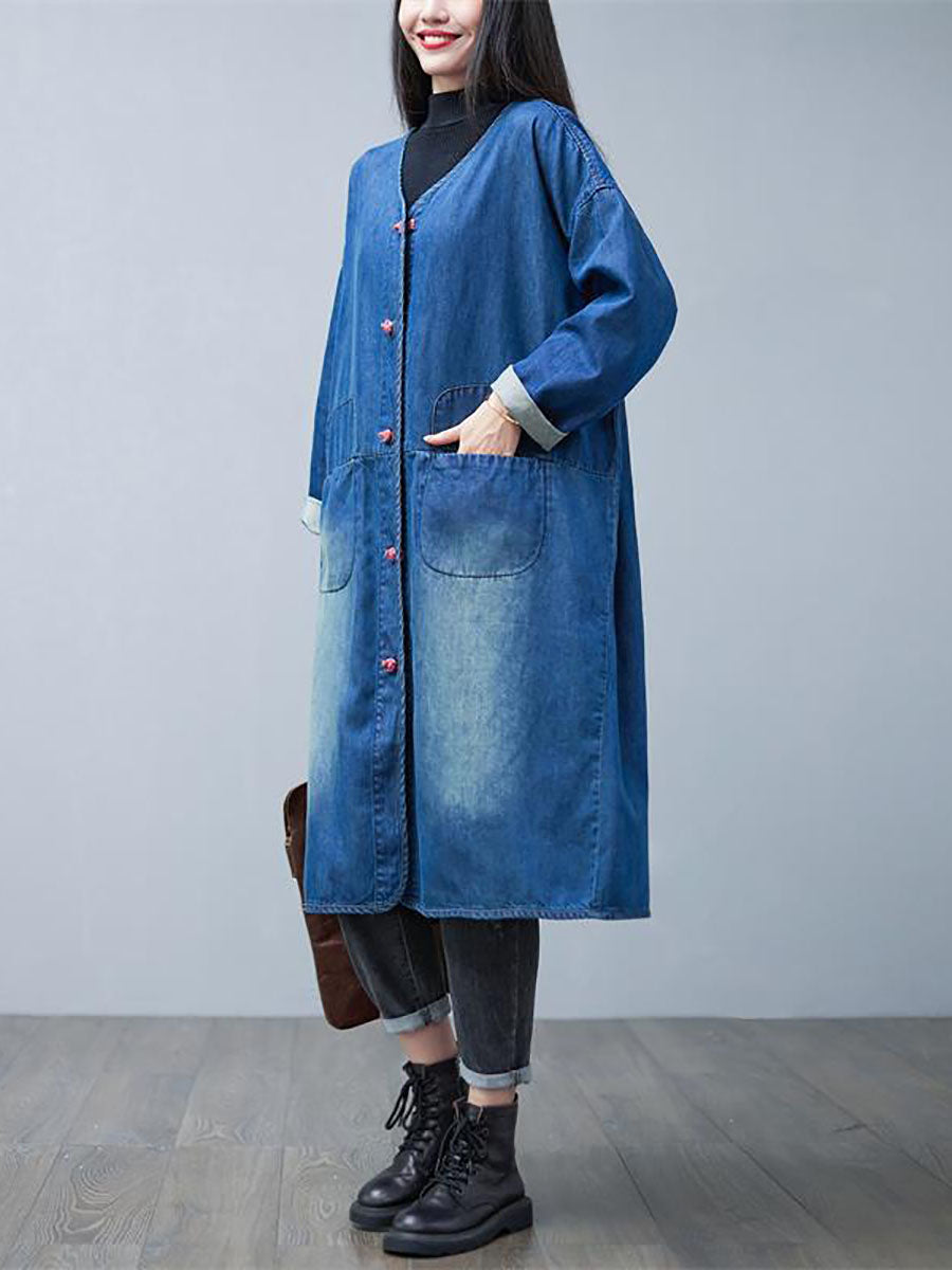 Manteau long en denim délavé à col en V pour femme, décontracté, automne, BA1015