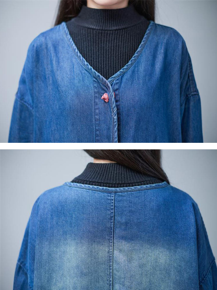 Damen Lässiger, gewaschener Denim-Langmantel mit V-Ausschnitt für den Herbst BA1015