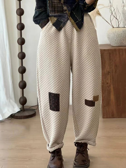 Women Autumn Retro Lattice Patch Thick Cotton Pants BA1007