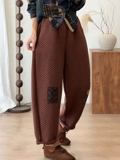 Women Autumn Retro Lattice Patch Thick Cotton Pants BA1007