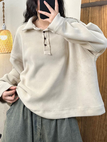 Women Autumn Retro Solid Turn-down Collar Cotton Sweatshirt BA1008