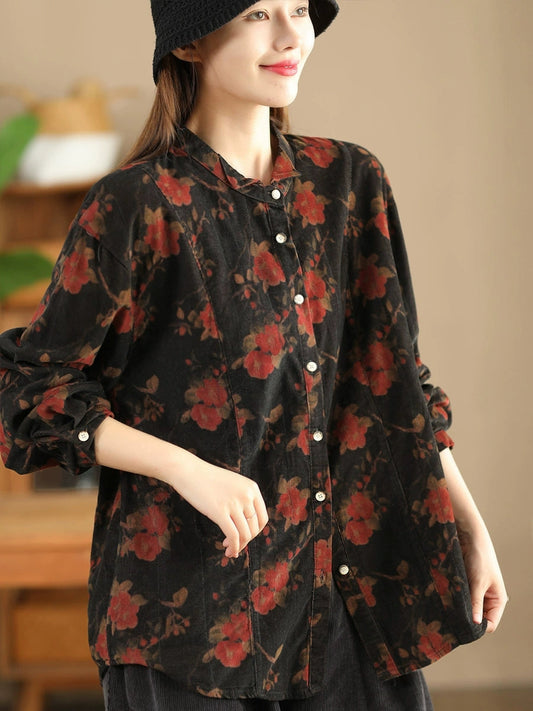 Chemise en velours côtelé à col rabattu et motif floral rétro pour femme BA1019 