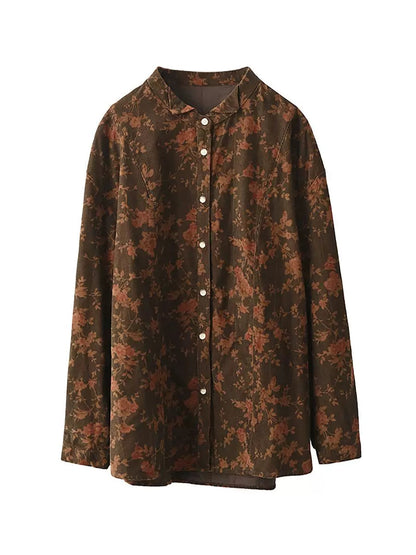 Women Retro Autumn Flower Turn-down Collar Corduroy Shirt BA1019