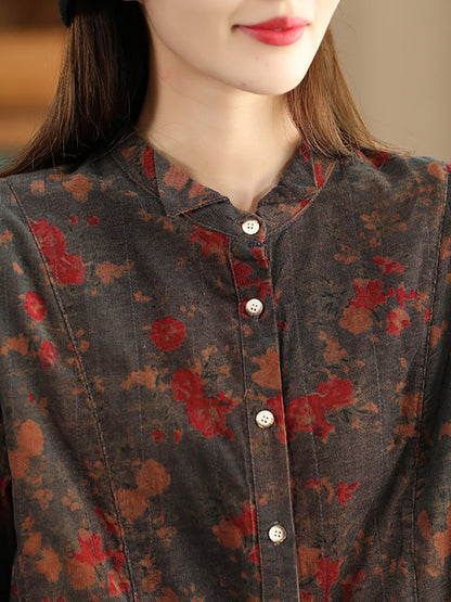 Women Retro Autumn Flower Turn-down Collar Corduroy Shirt BA1019