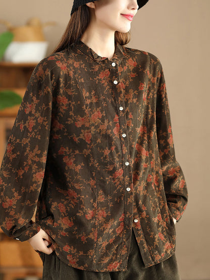 Women Retro Autumn Flower Turn-down Collar Corduroy Shirt BA1019