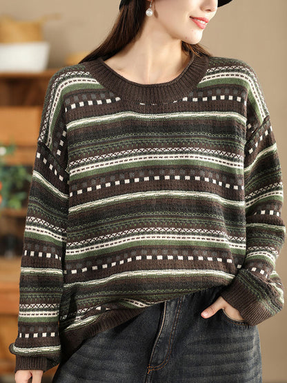 Pull décontracté à col rond en jacquard à rayures pour femme BA1014 