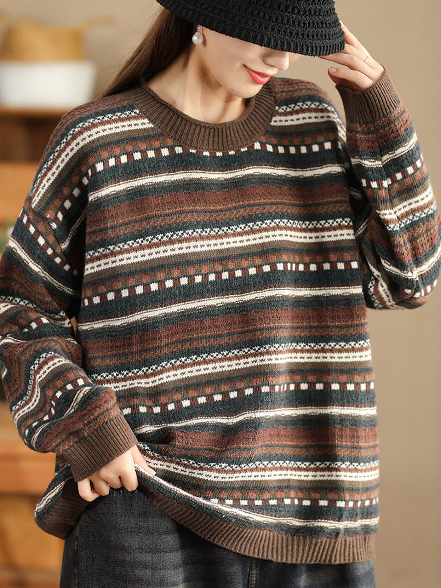 Women Casual Autumn Stripe Jacquard O-Neck Sweater BA1014