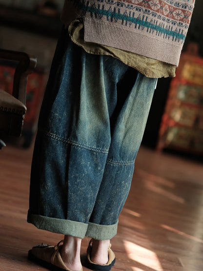 Women Autumn Retro Patch Spliced Denim Wide-leg Pants WG028