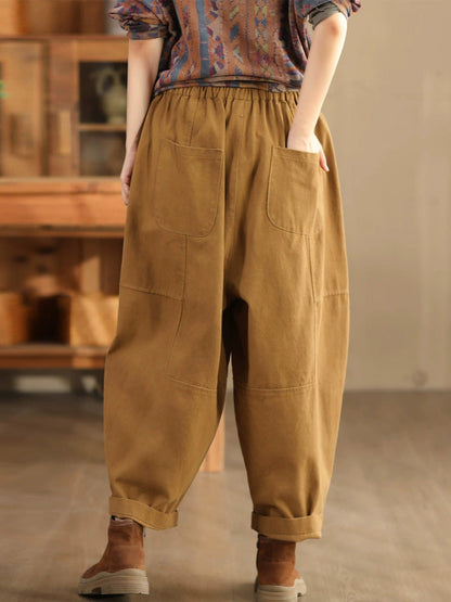 Women Autumn Retro Cotton Spliced Loose Solid Harem Pants BA1034