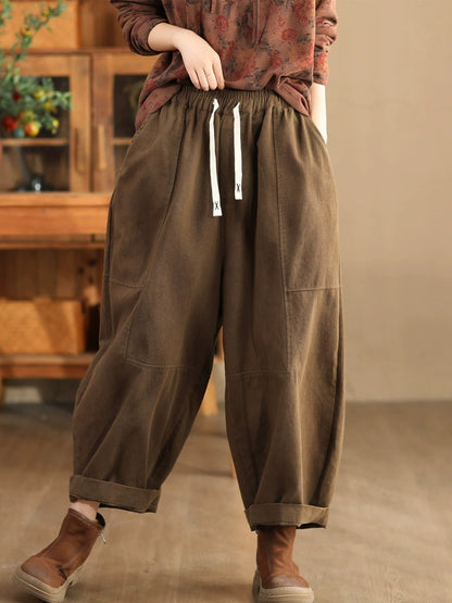 Women Autumn Retro Cotton Spliced Loose Solid Harem Pants BA1034